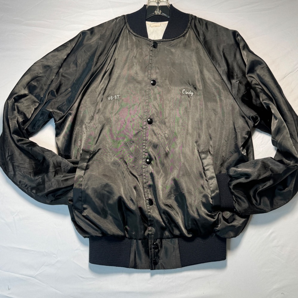 Vintage 80s Bomber Jacket Black Satin Sailorette Cindy 1986-87 Embroidery Medium